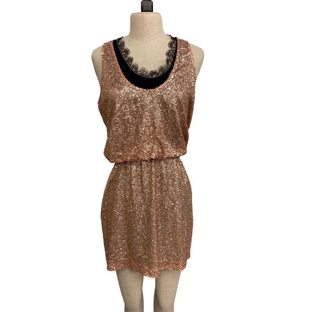 Robert Rodriguez Womens Sequin Dress With Black Lace Trim Size 2